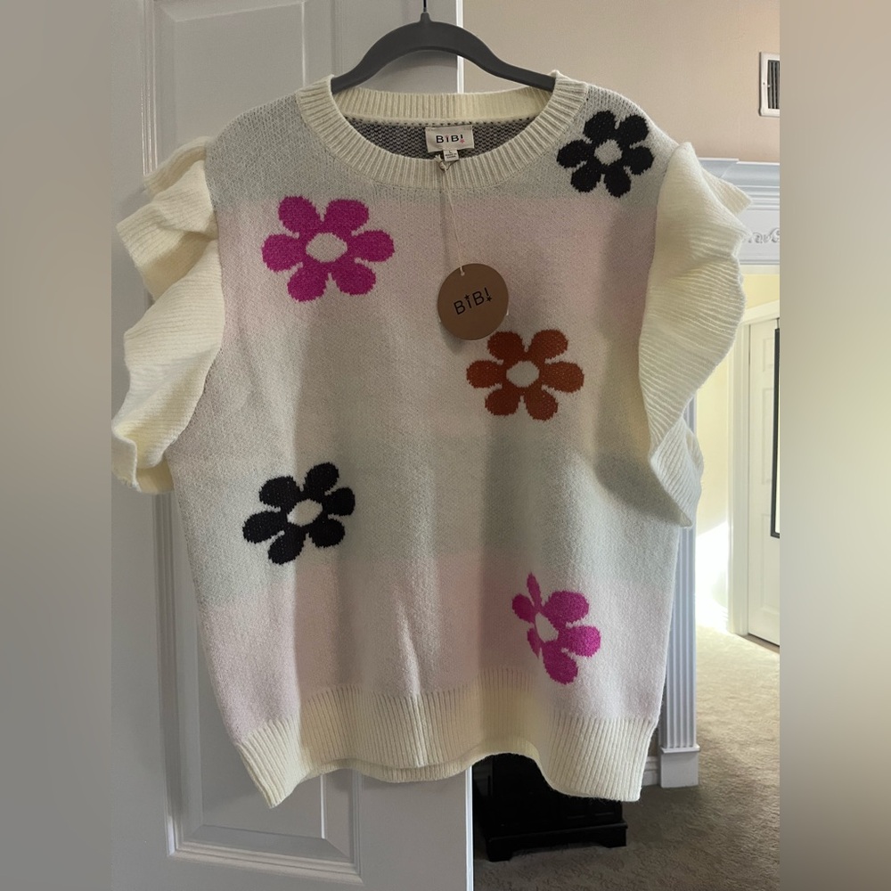BiBi White Crewneck Sweater Vest with Pink, Black & Brown Floral Accents
